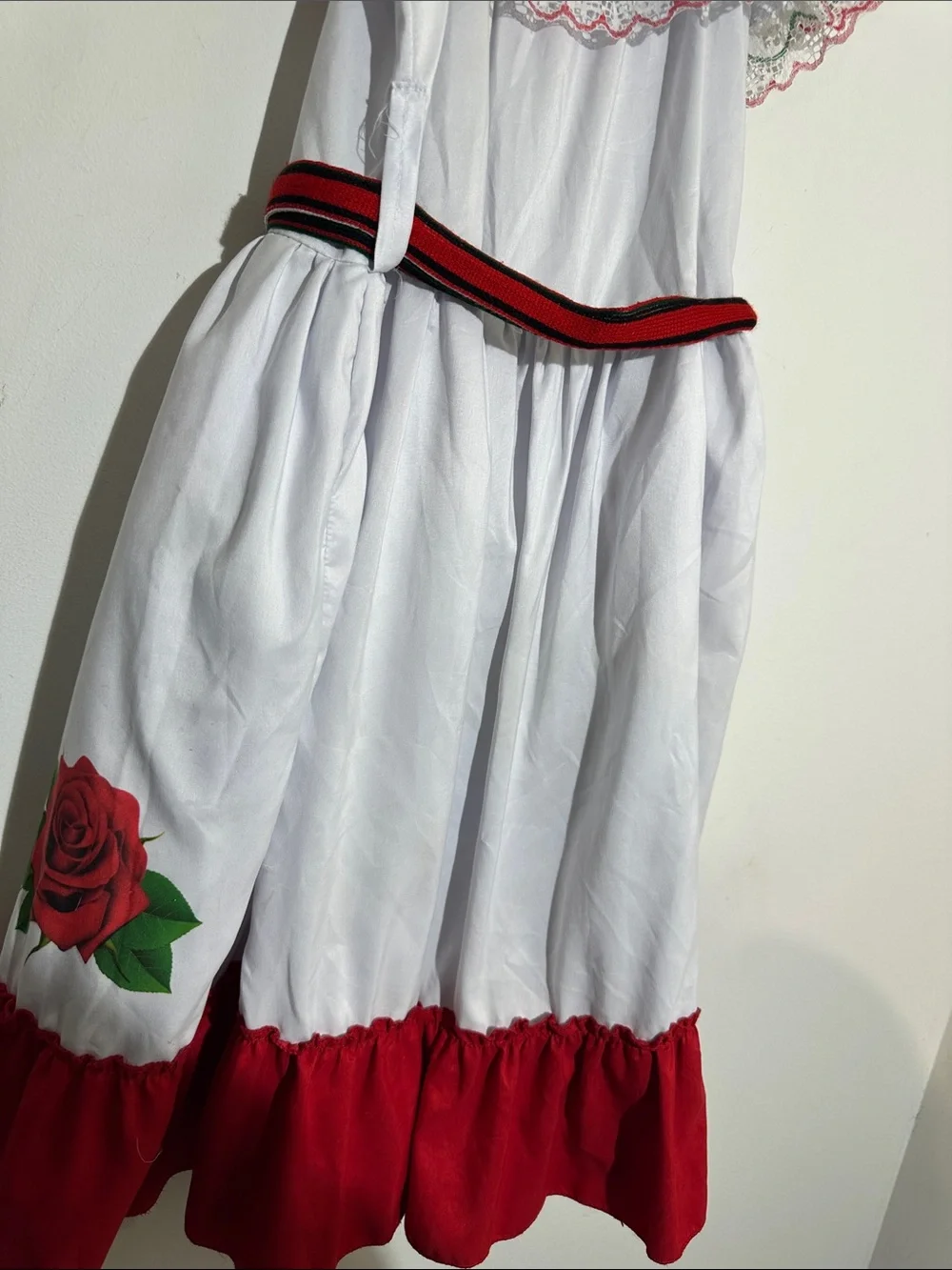 Girls White and Red Folkloric Dress with Green Accents